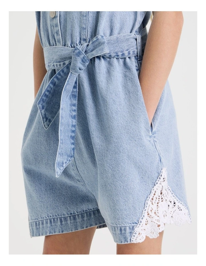 Denim Playsuit with Buttons And Lace Inserts in Denim image 4