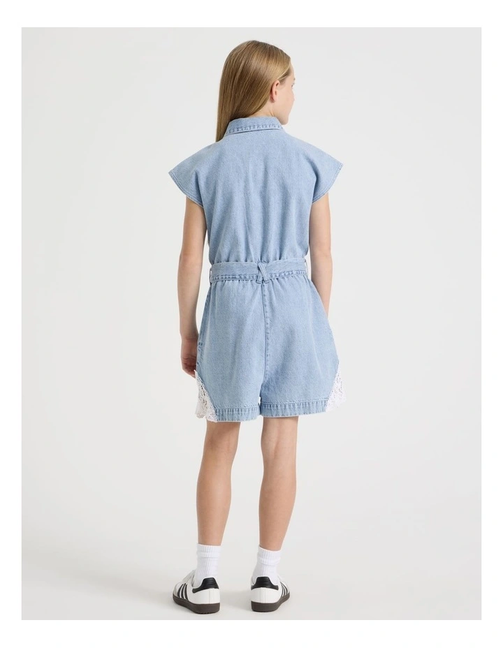 Denim Playsuit with Buttons And Lace Inserts in Denim image 5