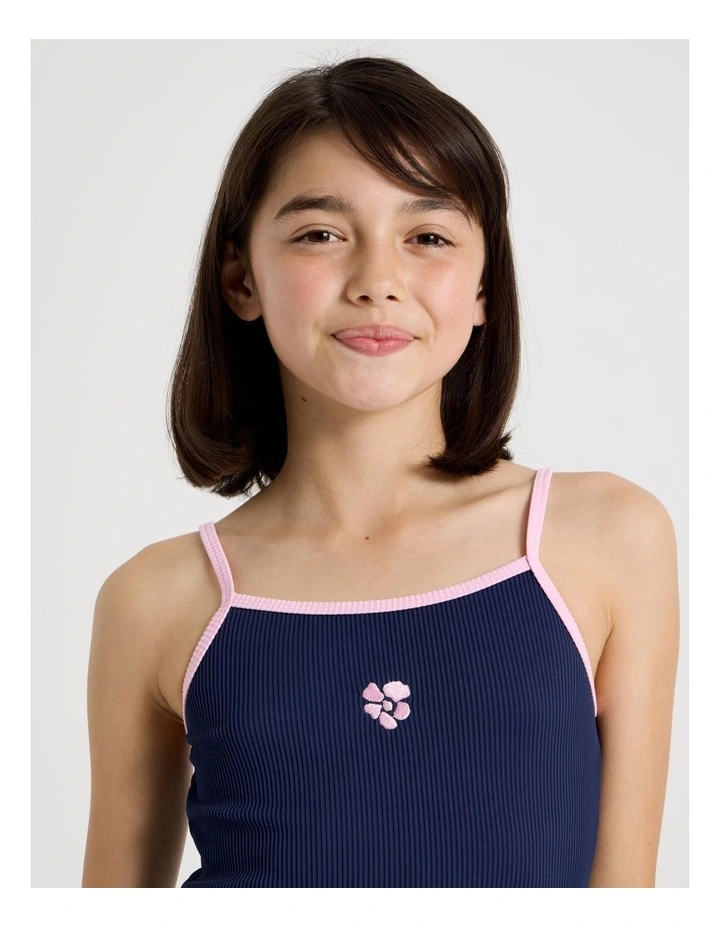 Rib Swimsuit with Contrast Bind And Flower Embroidery in Navy image 3