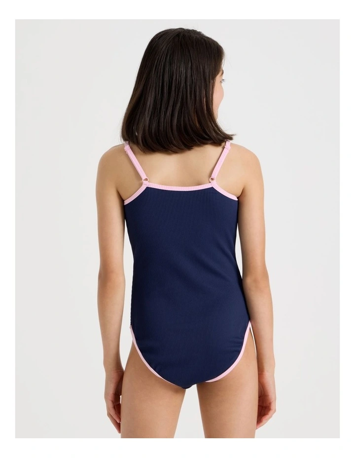 Rib Swimsuit with Contrast Bind And Flower Embroidery in Navy image 4