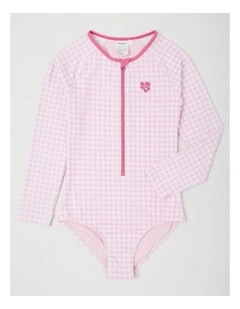 Long Sleeve Gingham Swimsuit in Light Pink