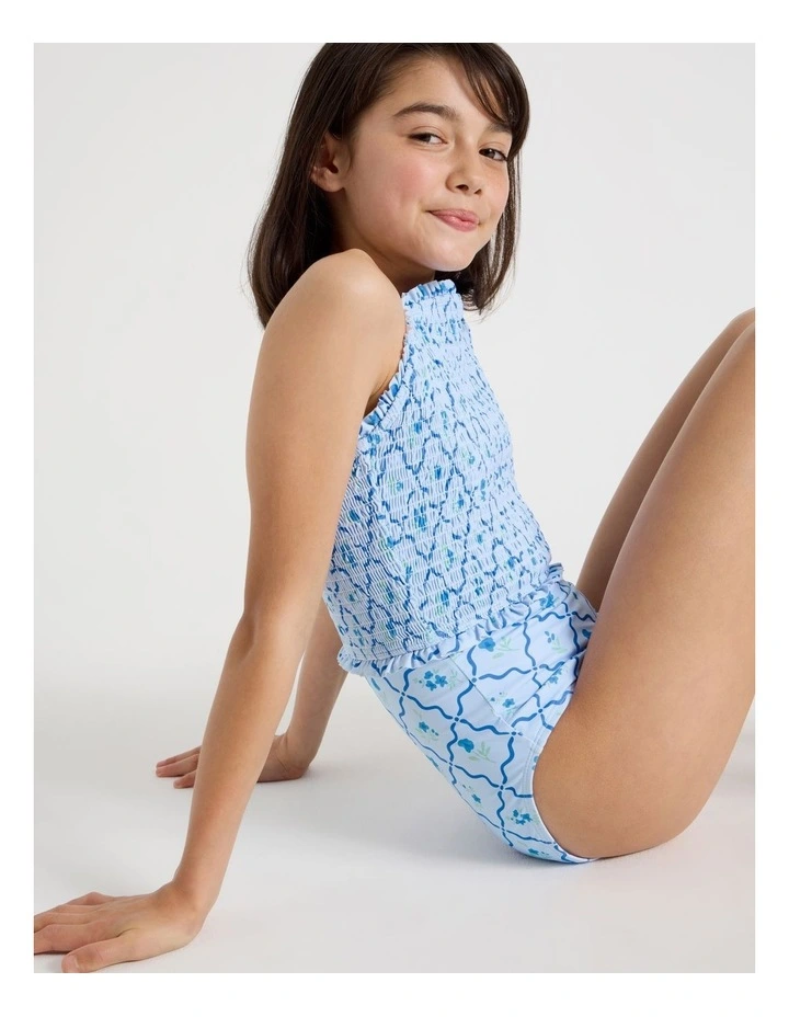 Shirred Bodice Swimsuit in Floral/Light Blue image 1