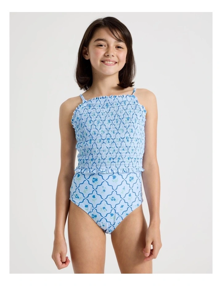 Shirred Bodice Swimsuit in Floral/Light Blue image 3