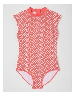 Extended Shoulder Swimsuit in Floral/ Red