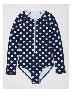 Long Sleeve Honeycomb Textured Swimsuit in Polka Dot/Navy