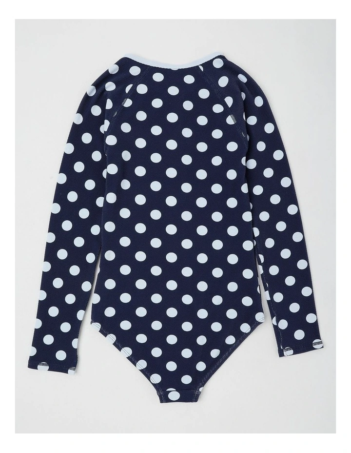Long Sleeve Honeycomb Textured Swimsuit in Polka Dot/Navy image 3