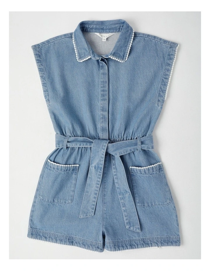 Lightweight Denim Playsuit with Blanket Stitch in Mid Wash image 1