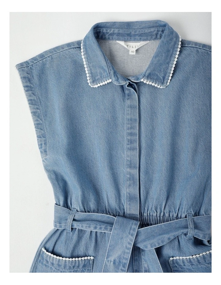 Lightweight Denim Playsuit with Blanket Stitch in Mid Wash image 2