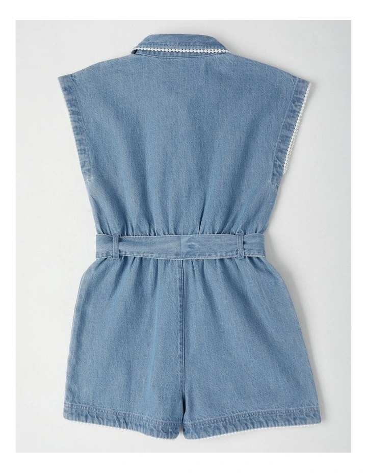Lightweight Denim Playsuit with Blanket Stitch in Mid Wash image 3