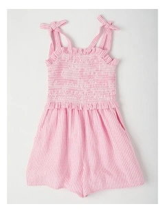 Shirred Bodice Playsuit with Pin Stripes & Tie Straps in Pink