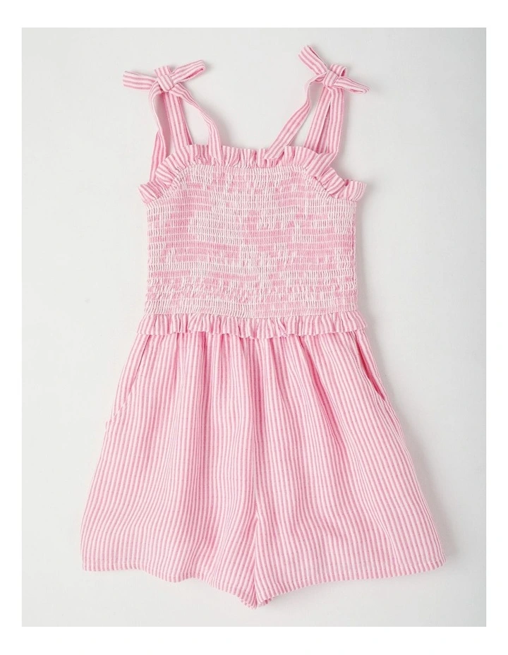 Shirred Bodice Playsuit with Pin Stripes & Tie Straps in Pink image 1