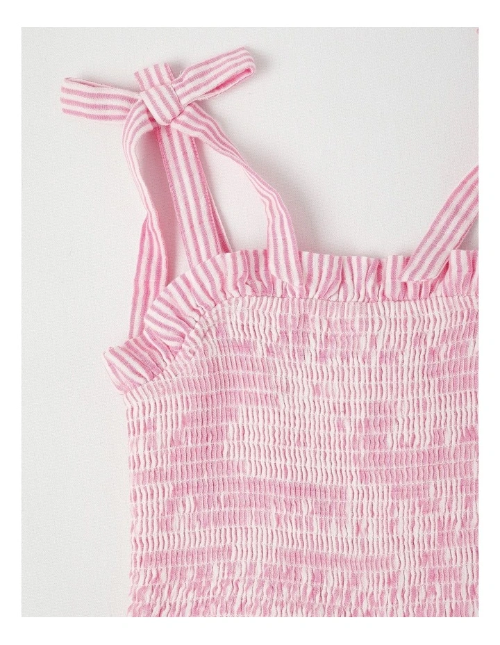 Shirred Bodice Playsuit with Pin Stripes & Tie Straps in Pink image 2