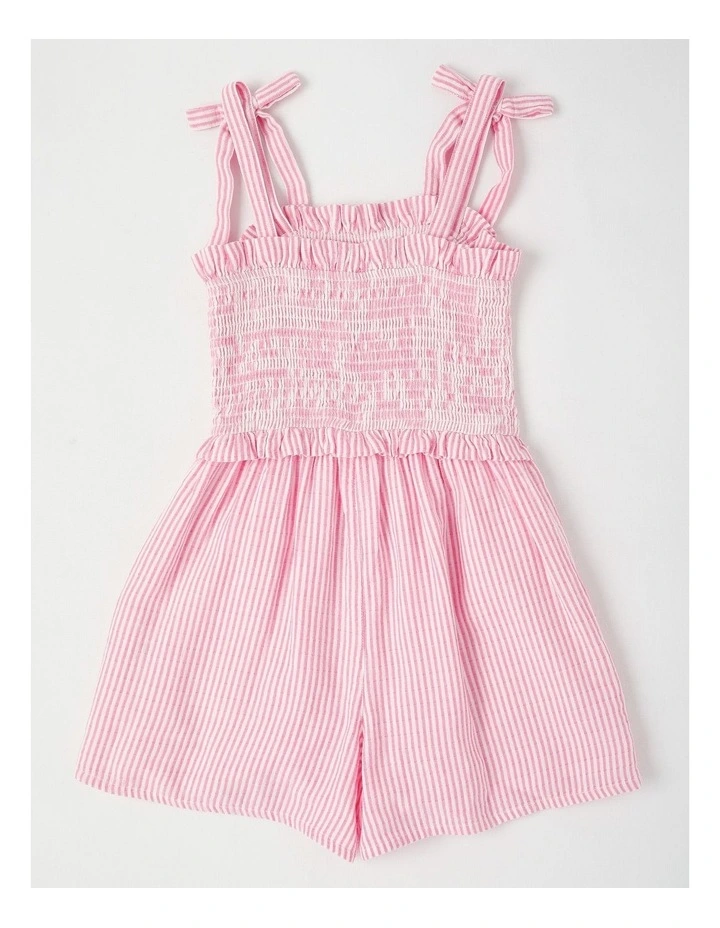 Shirred Bodice Playsuit with Pin Stripes & Tie Straps in Pink image 3