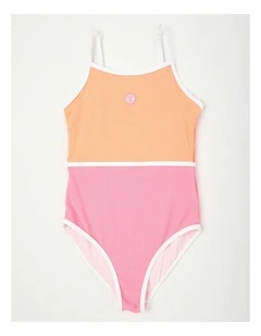 Honeycomb Spliced Swimsuit with Logo in Pink/Peach