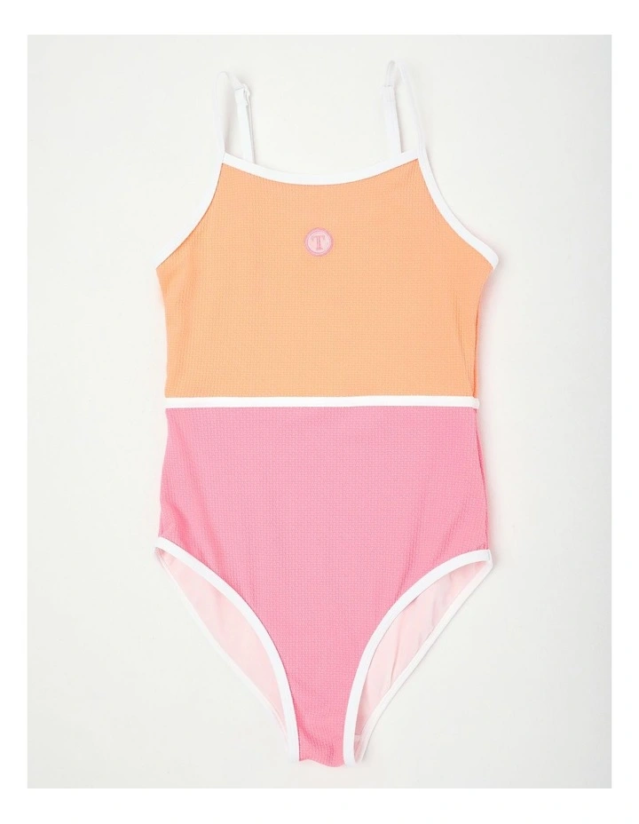 Honeycomb Spliced Swimsuit with Logo in Pink/Peach image 1