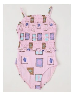 One Piece with Shirred Bodice & Flutter Sleeve in Pink