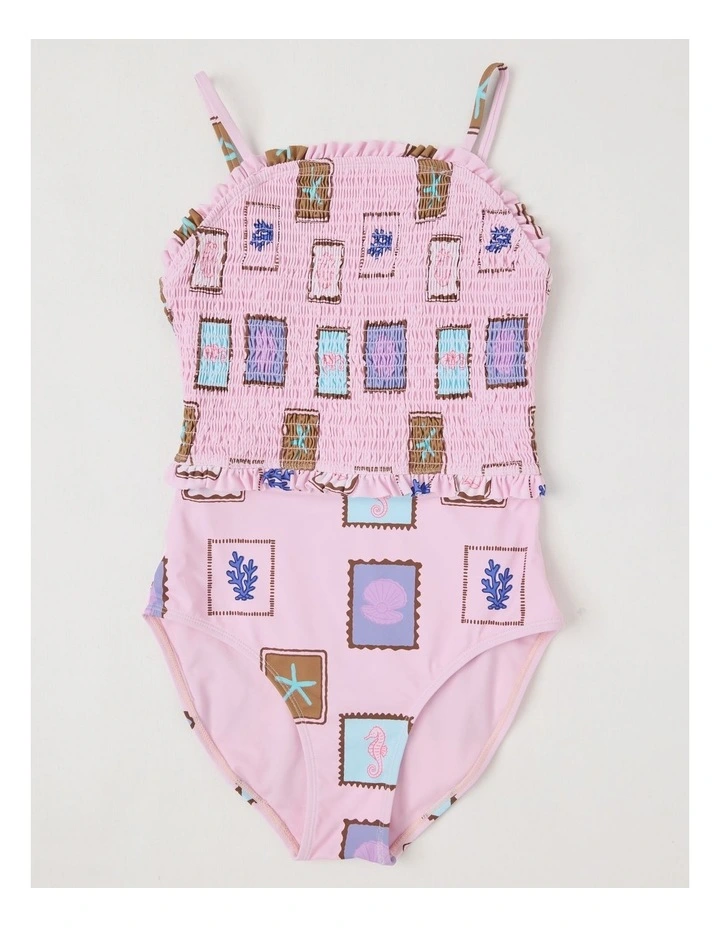 One Piece with Shirred Bodice & Flutter Sleeve in Pink image 1