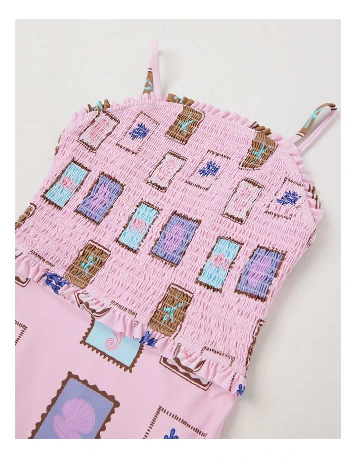One Piece with Shirred Bodice & Flutter Sleeve in Pink image 2
