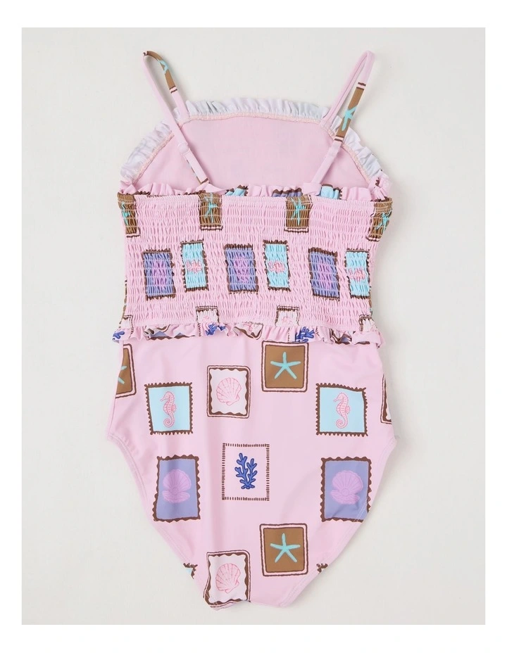 One Piece with Shirred Bodice & Flutter Sleeve in Pink image 3