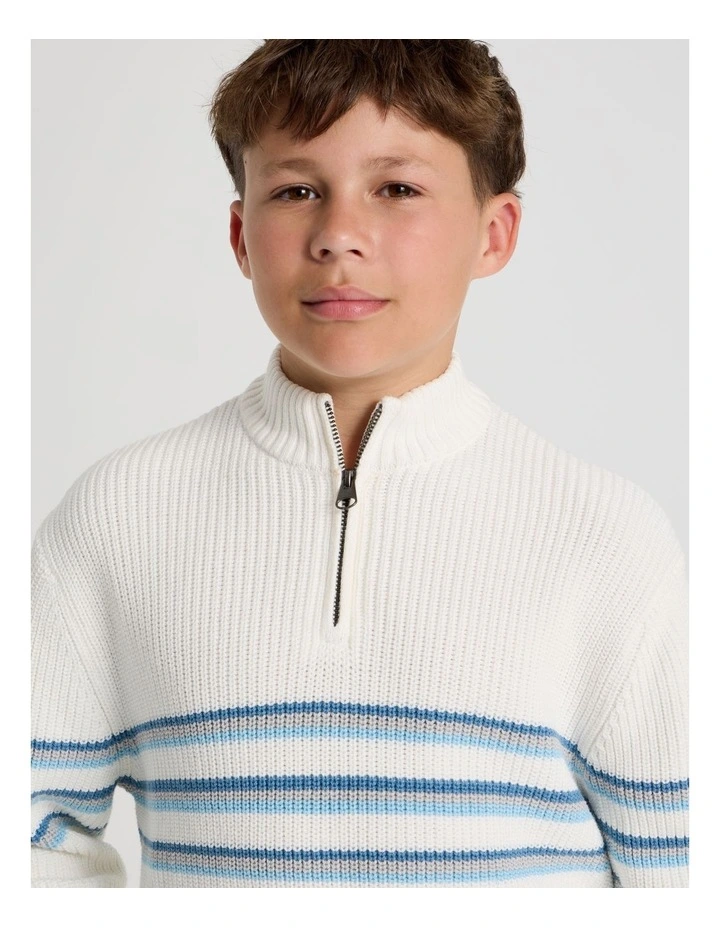 1/4 Zip Knit with Stripe in Ecru image 1