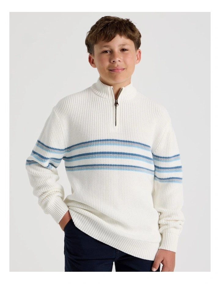 1/4 Zip Knit with Stripe in Ecru image 2
