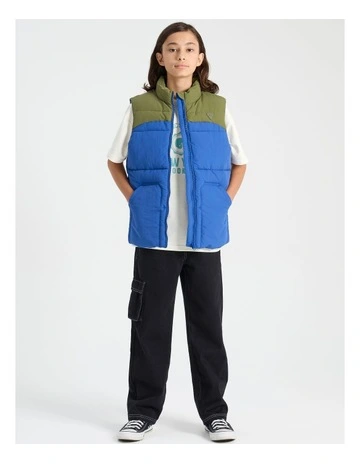 Utility Puffer Vest in Khaki and Blue
