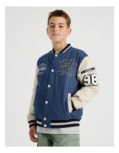 Varsity Bomber Jacket in Ecru and Mid Denim