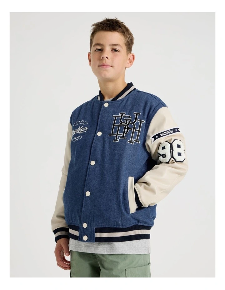 Varsity Bomber Jacket in Ecru and Mid Denim image 1
