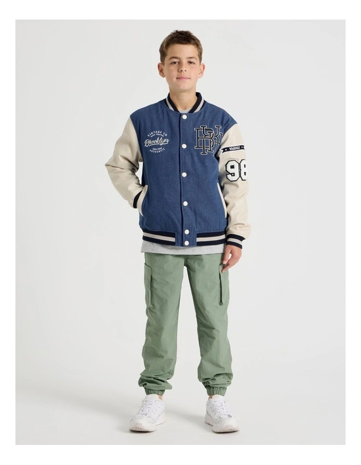 Varsity Bomber Jacket in Ecru and Mid Denim image 3