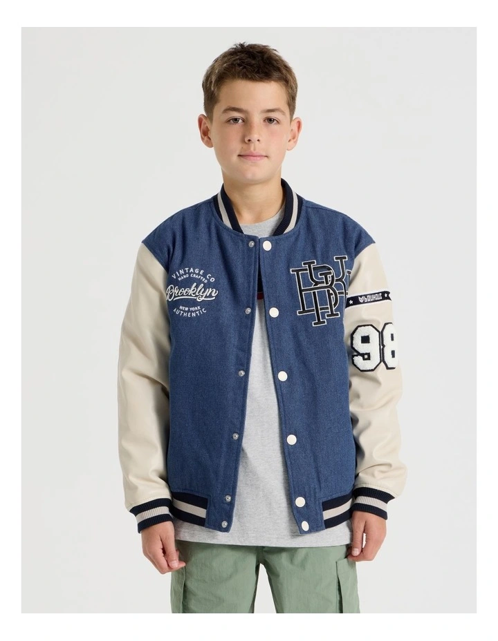 Varsity Bomber Jacket in Ecru and Mid Denim image 4