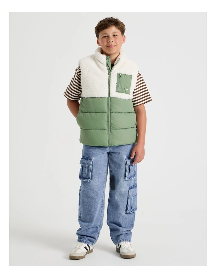 Spliced Sherpa Vest in Ecru and Khaki image 2