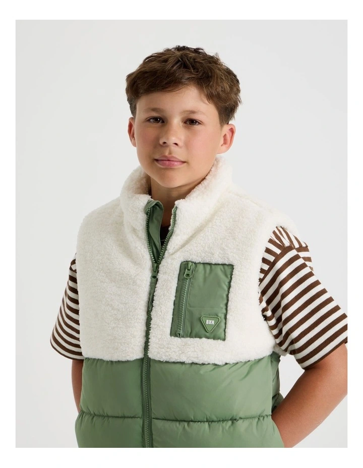 Spliced Sherpa Vest in Ecru and Khaki image 3
