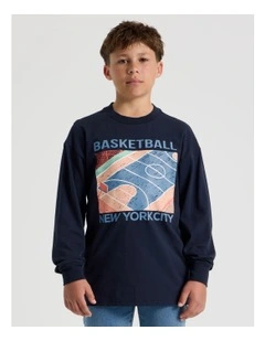 Long Sleeve Basketball Tee in Navy