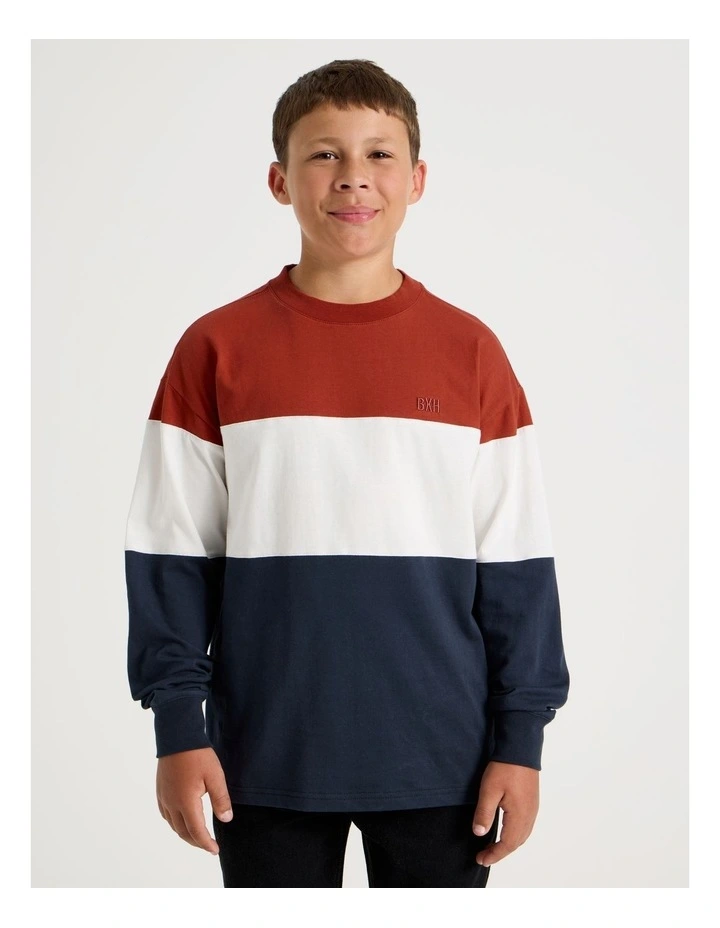 Long Sleeve Splice Tee in Red White and Navy image 1