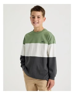 Long Sleeve Splice Tee in Khaki White and Charcoal