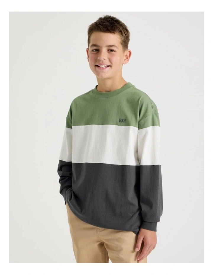 Long Sleeve Splice Tee in Khaki White and Charcoal image 1