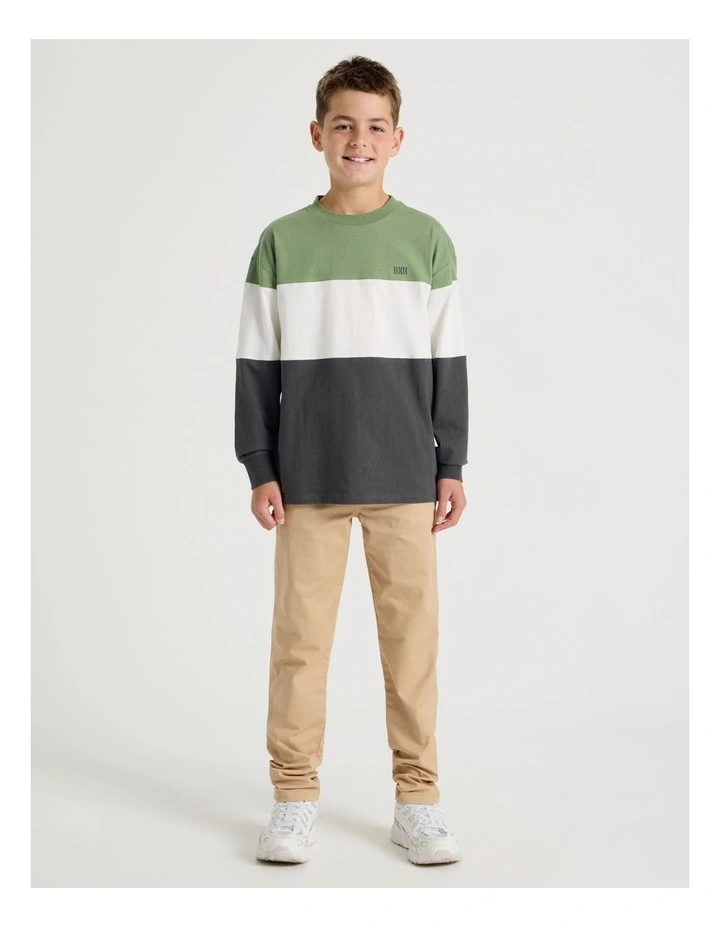 Long Sleeve Splice Tee in Khaki White and Charcoal image 2