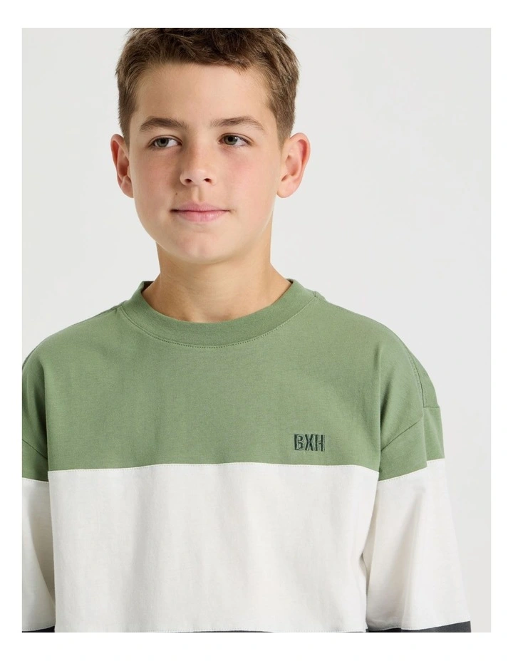 Long Sleeve Splice Tee in Khaki White and Charcoal image 3