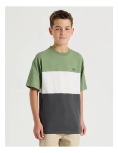 Short Sleeve Splice Tee in Khaki White and Charcoal