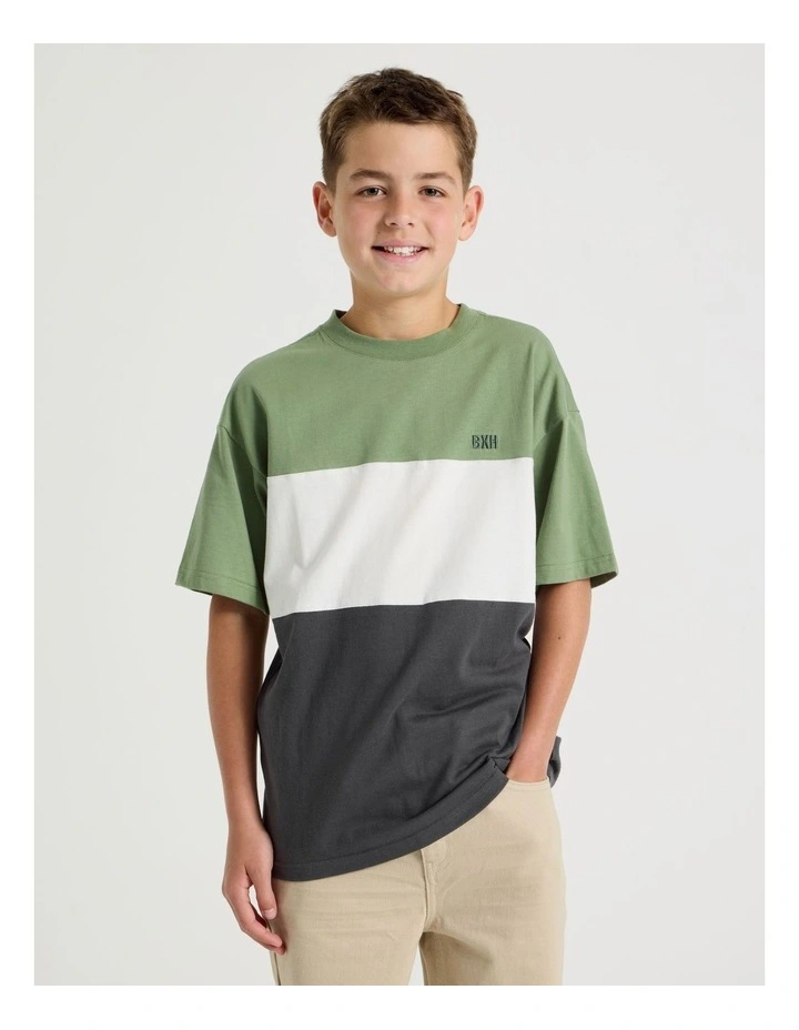 Short Sleeve Splice Tee in Khaki White and Charcoal image 3