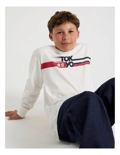 Long Sleeve Print Tee in Tokyo Ecru