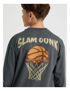 Long Sleeve Print Tee in Slam Dunk in Charcoal