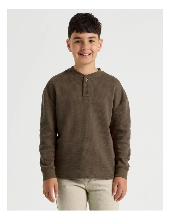 Long Sleeve Waffle Henley Tee in Brown image 1