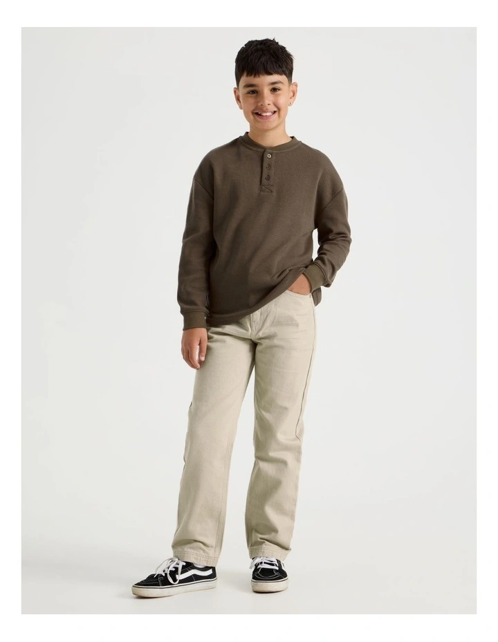 Long Sleeve Waffle Henley Tee in Brown image 2