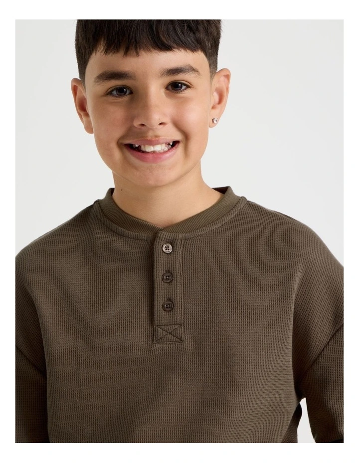 Long Sleeve Waffle Henley Tee in Brown image 3