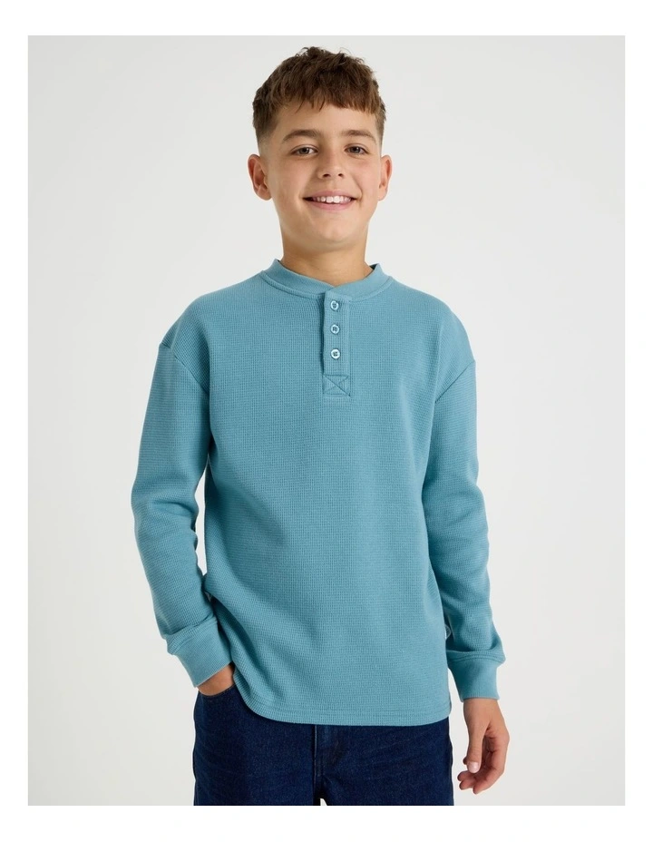 Long Sleeve Waffle Henley Tee in Blue image 1