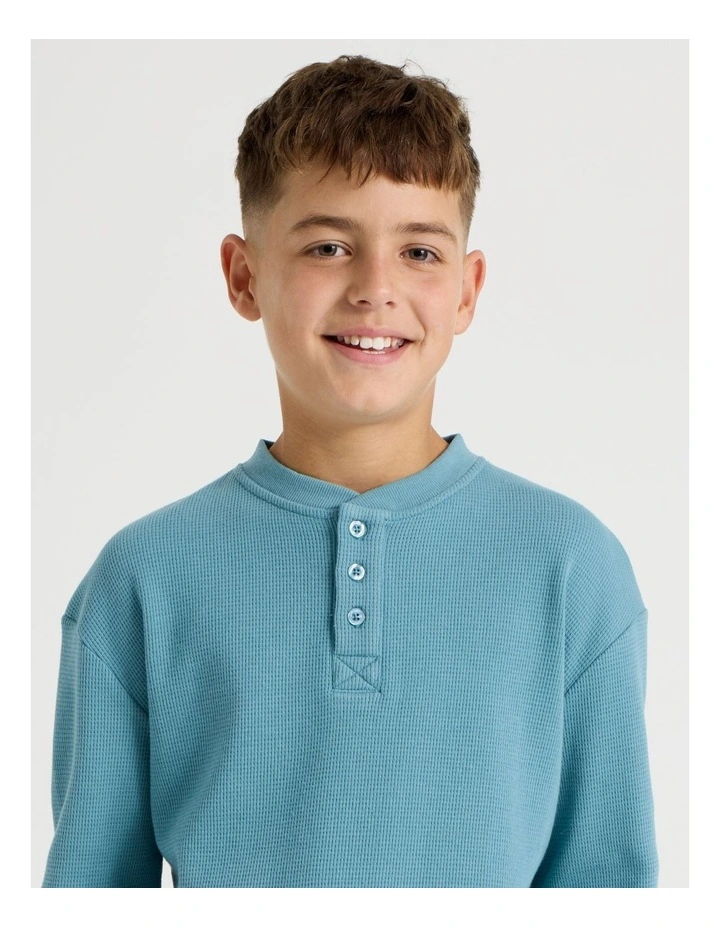 Long Sleeve Waffle Henley Tee in Blue image 2