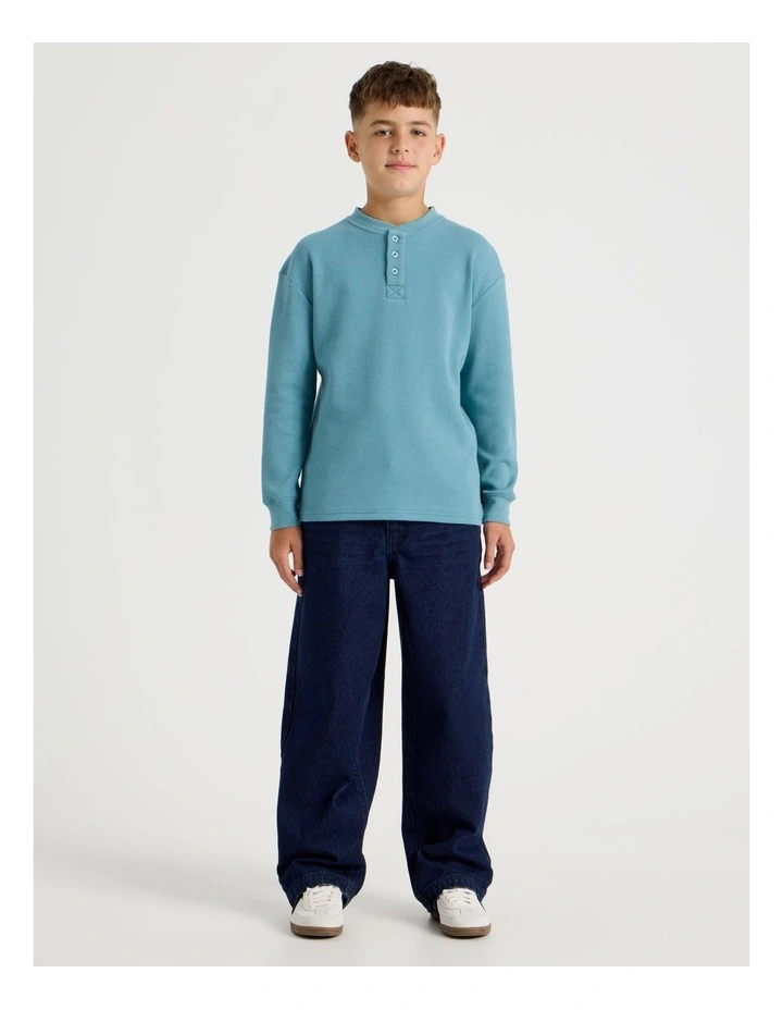 Long Sleeve Waffle Henley Tee in Blue image 3