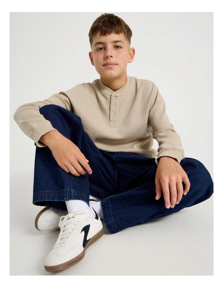 Long Sleeve Waffle Henley Tee in Tan image 1