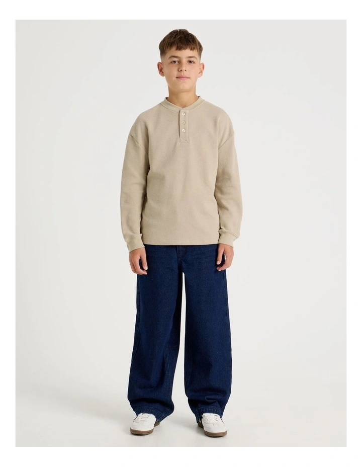 Long Sleeve Waffle Henley Tee in Tan image 3